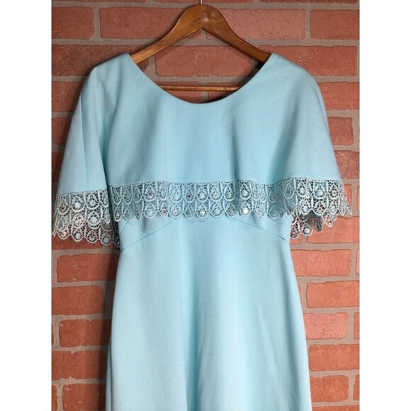 Vintage Miss Rubette Maxi Dress Lace Trim Cape Overlay Blue Size 14 - Picture 2 of 12